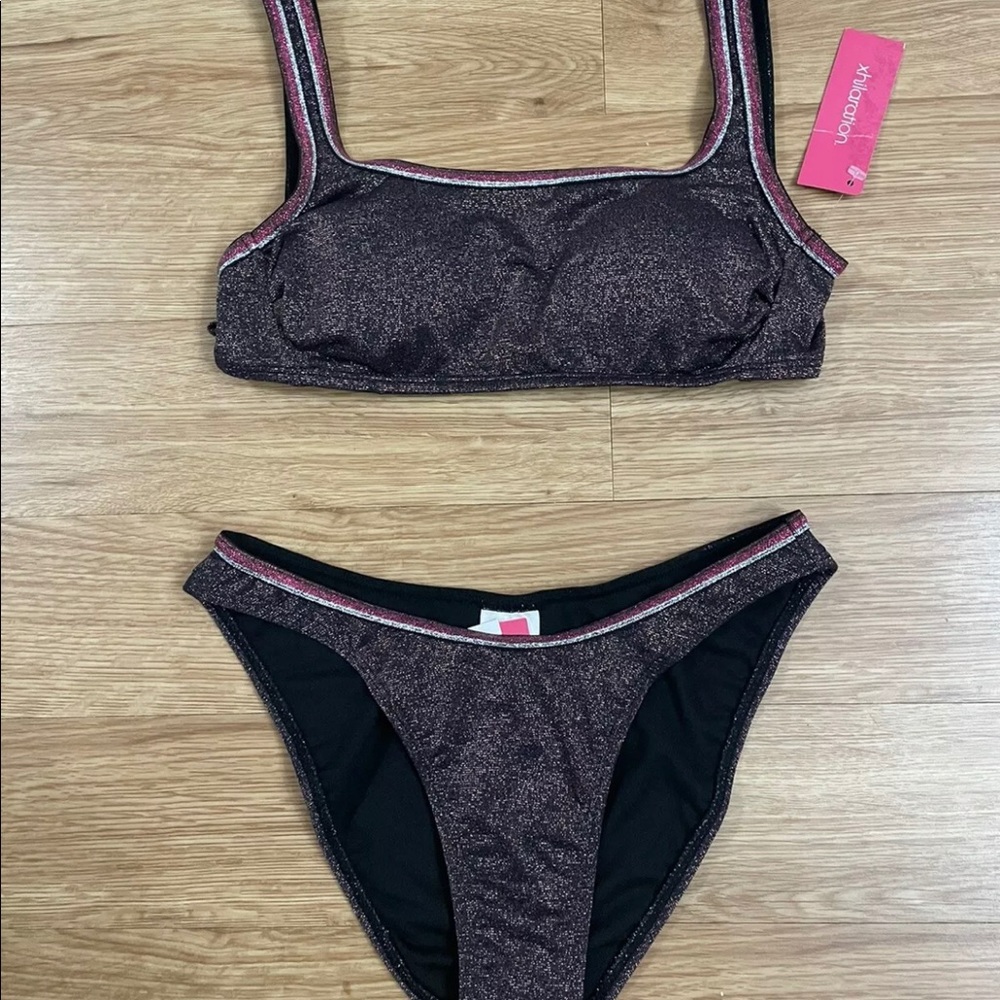 Women Metallic Shine High Leg Scoop Waist Bikini - Picture 10 of 12